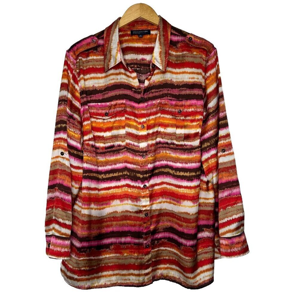 Jones New York Satin Shirt Size 3X Multicolor Stripe Button up Roll tab sleeve